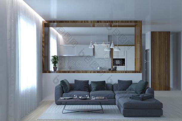 现代的基森工作室和活的房间灰色的沙发