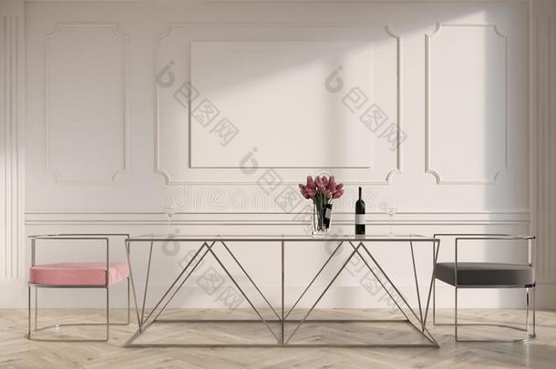 白色的进餐房间,粉红色的和灰色椅子,海报