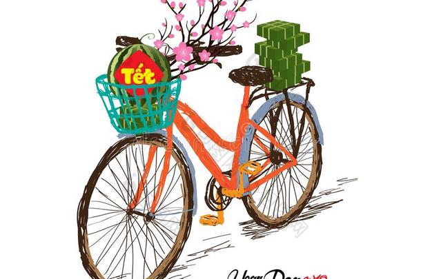 煮熟的正方形黏的稻蛋糕和花,自行车.越南名字