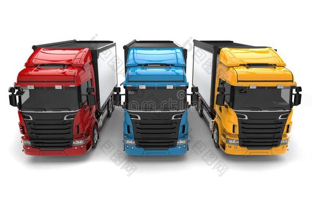 红色的,<strong>蓝色</strong>和黄色的现代的运送<strong>货车</strong>-前面看法