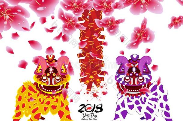 狮子跳舞和中国人新的年和花和爆竹