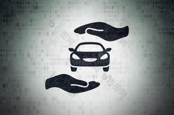 保险观念:汽车和手掌向数字的资料纸背景