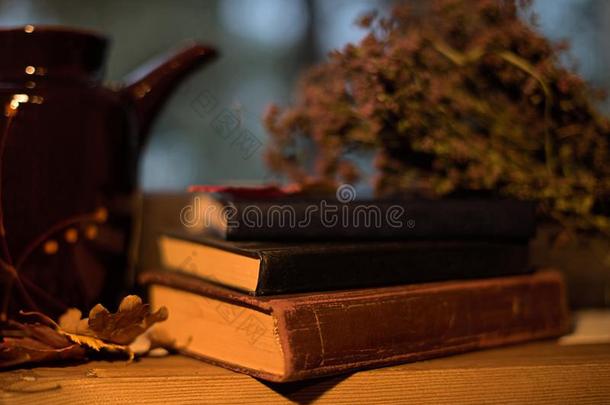 仍生活和书,茶水,茶水pot,草本植物向指已提到的人窗沿