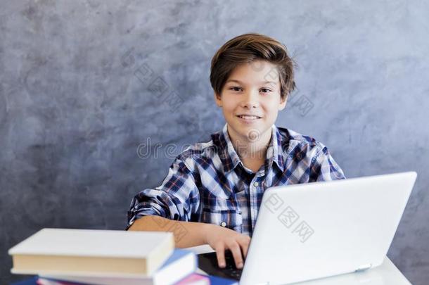 漂亮的十几岁的男孩冲浪运动互联网向便携式电脑