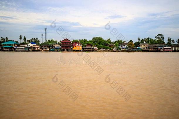 泰国传统的<strong>河边</strong>村民在近处扇形棕榈细纤维