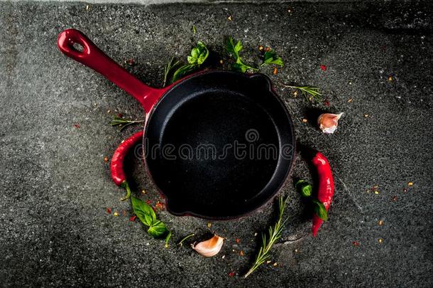 烹饪术背景和煎锅和香料
