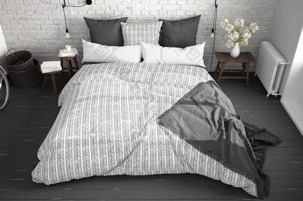 白色的和灰色现代的卧室和舒适的双的床,砖墙,