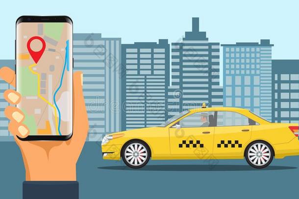 在线的出租车服务.黄色的出租车出租车和h和佃户租种的土地智能手机