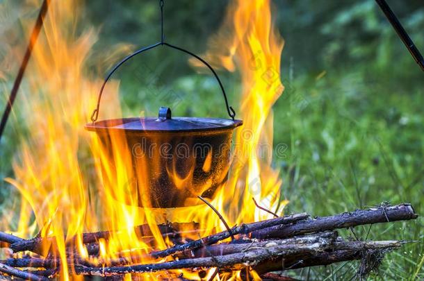 野营厨房用具-罐向指已提到的人火在一户外的野营地机智