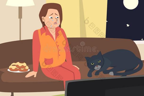 极糟糕的女人观察television电视机和猫