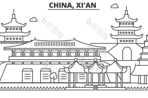 中国,Christian基督徒建筑学线条sky线条说明.直线的vectograp矢量图