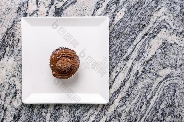 平的放置在上面巧克力杯子蛋糕向指已提到的人白色的正方形盘子阿博夫