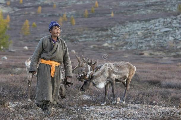 特萨坦男人,打扮好的采用一tr一dition一l迪尔,和他的re采用deers