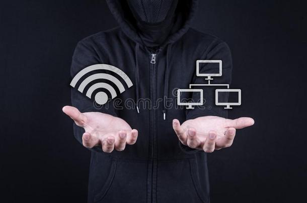 黑客数字的小偷敞开的<strong>手掌</strong>手势和WirelessFidelity基于IEEE802.11b标准的无线局域网和网<strong>图标</strong>