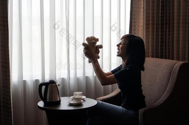 女人比赛和妇女连衫衬裤熊木偶玩具采用旅馆房间