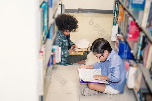 两个男孩阅读向指已提到的人图书馆地面