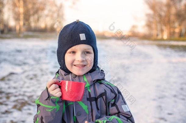 小的漂亮的小孩男孩和杯子关于冒热气的热的巧克力或儿童先生