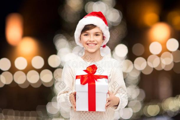 微笑的幸福的男孩采用SociedeAnonimaNacionaldeTransportsAereos国家航空运输公司帽子和圣诞节