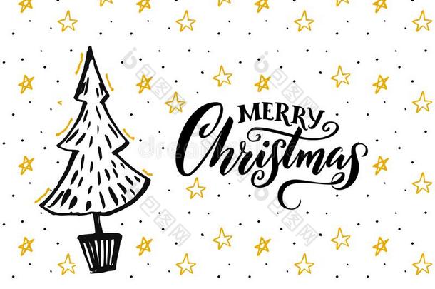 愉快的圣诞节卡片设计和手疲惫的树和美术字