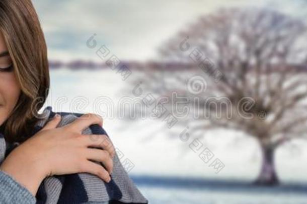 女人使人疲乏的围巾<strong>遵</strong>守暖和的采用雪风景和光秃秃的特尔
