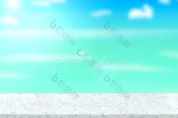 白色的大理石表顶和变模糊海,太阳和海滩在后座议员