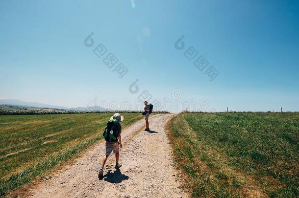 父亲和儿子背着背包徒步旅行的人旅行支票走向乡村路acre地产