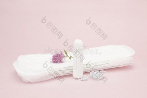 粉红色的花,月经的清洁的卫生棉塞和垫.女人<strong>批评</strong>的