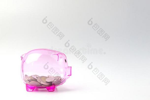 清楚的粉红色的小猪银行向白色的背景和coinsurance联合保险为节约