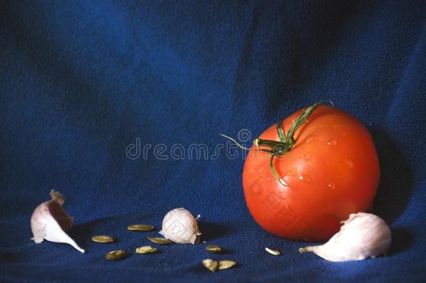 新鲜的番茄和大蒜和南瓜种子向深的蓝色后台