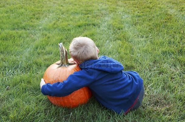 年幼的小孩热烈地拥抱他的新的南瓜为万圣节前夕采用一gr一ssyFinland芬兰