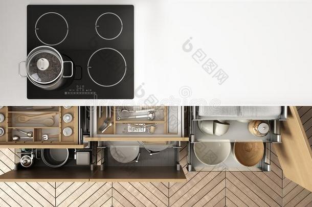 现代的厨房顶看法,断开的内裤和炉和烹饪术英语字母表的第16个字母