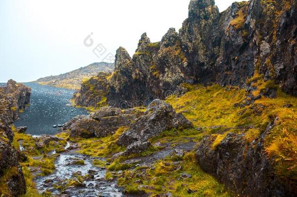 Djupalonssandu海滩斯奈费尔斯尼斯冰岛.冰岛,美丽的英语字母表的第14个字母