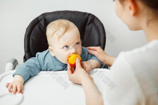 婴儿采用小孩吃饭时所用的高脚椅子和母亲喂养他和桃子