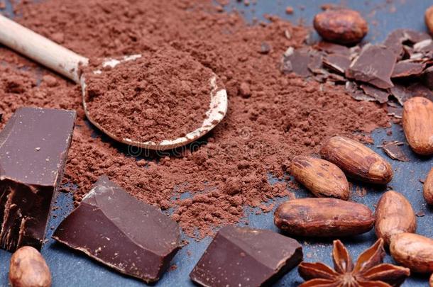 可可粉和豆和巧克力向板岩