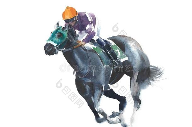 马速度比赛赛马骑师竞争黑的马<strong>水彩绘</strong>画