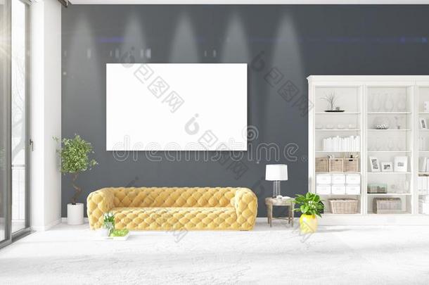 现代的内部采用时尚和黄色的长沙发椅,垂直的空的框架