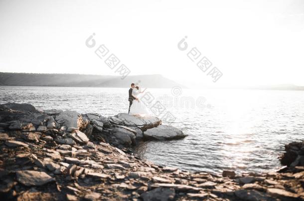 幸福的和浪漫的地点关于刚才已婚的年幼的婚礼对便壶