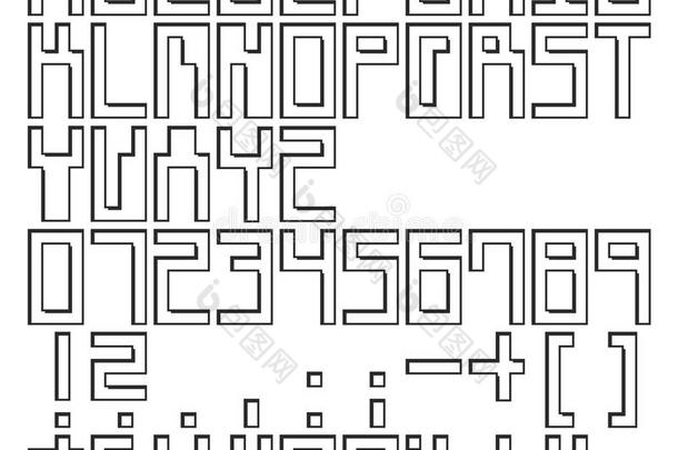 制动火箭<strong>宣传</strong>正方形像素梗概矢量字体和大写字母盘