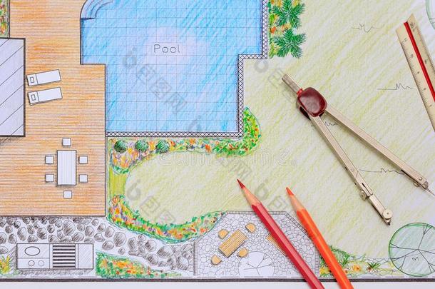 后院花园和水池设计计划为别墅.