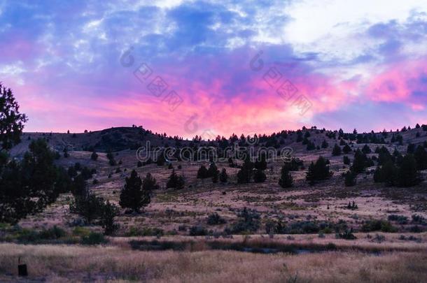 美丽的粉红色的日落越过指已提到的人沙漠小山关于俄勒冈州