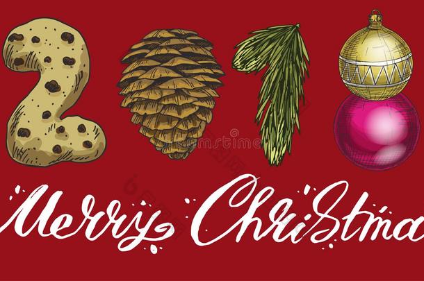 新的年<strong>2018</strong>.冬卡片和圆锥体,饼干,衣着整洁的树枝一