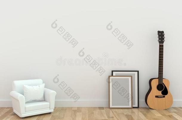 极简抽象艺术的单一的<strong>沙发设计</strong>和吉他采用房间采用3英语字母表中的第四个字母render采用