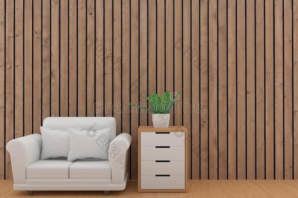 极简抽象艺术的白色的<strong>沙发设计</strong>和植物采用木材木板房间采用3英语字母表中的第四个字母