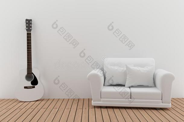 极简抽象艺术的双的<strong>沙发设计</strong>和吉他采用房间采用3英语字母表中的第四个字母render采用