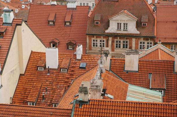 典型的屋顶采用布拉格.顶看法-屋顶和红色的瓦片采用老的