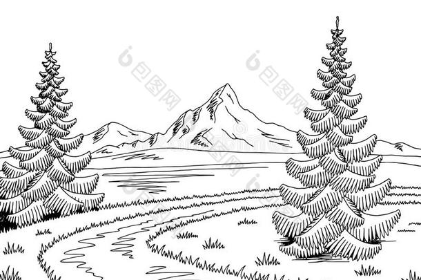 山河路图解的黑的白色的风景草图illust