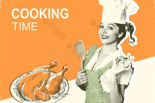 女人厨师和烤鸡.制动火箭海报向老的纸后座议员