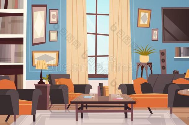 舒适的活的房间内部设计和现代的家具,窗,