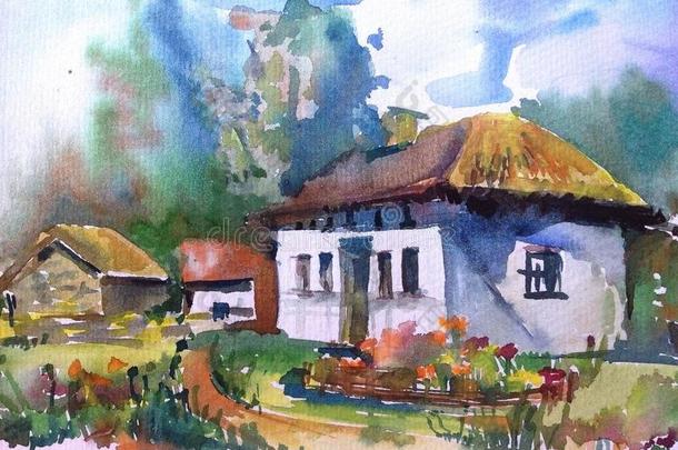 水彩艺术背景风景小屋古代的老的民族村民