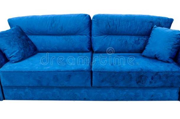 蓝色<strong>沙发</strong>.软的丝绒织物长<strong>沙发</strong>椅.典型的现代的矮<strong>沙发</strong>向isolation隔离